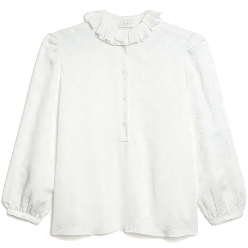 Sandro Jacquard Blouse Double S Logo Pleated Collar Puff Sleeves White 2 Medium
